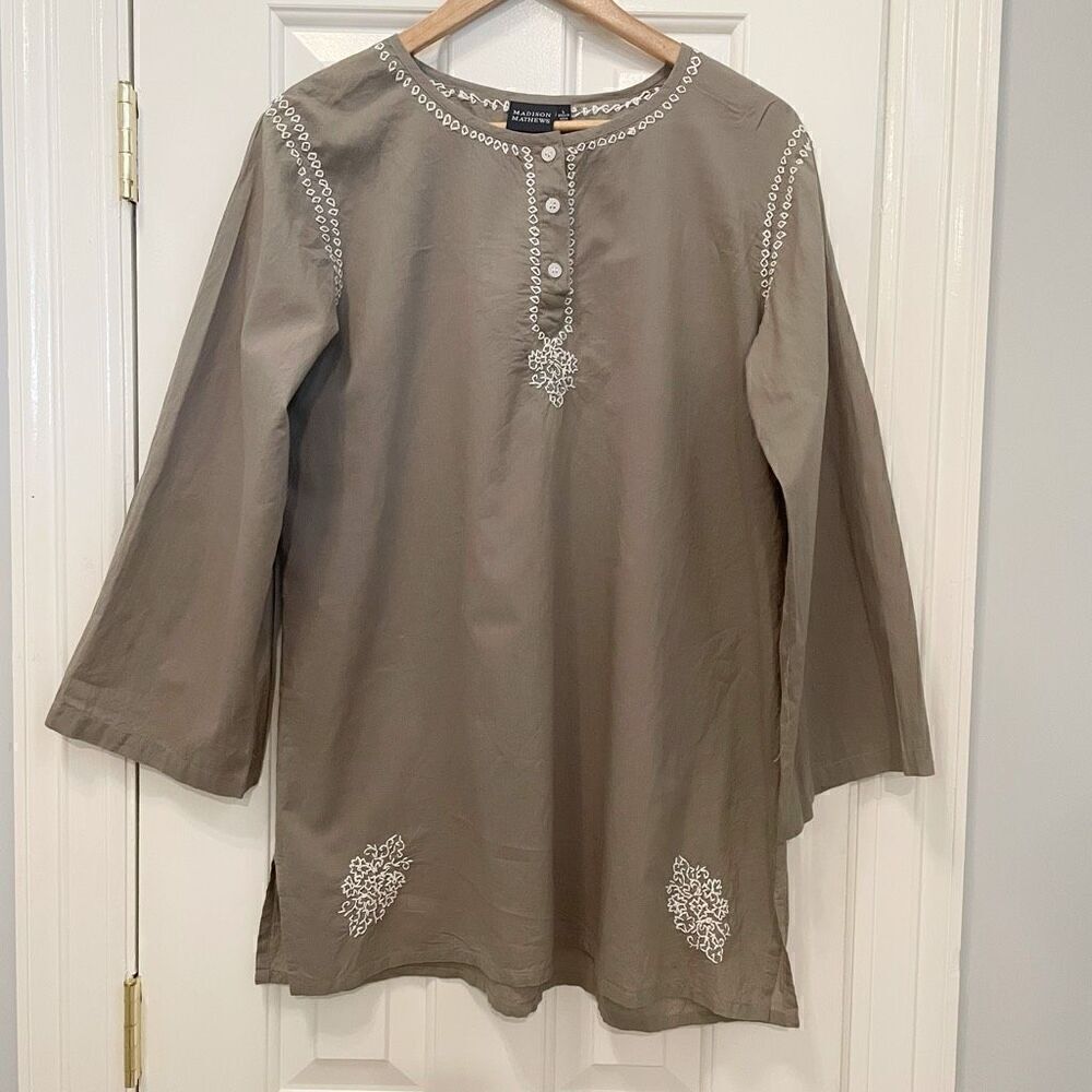 Madison Mathews Tunic Shirt Top Blouse Olive Green Size Large 100% Cotton